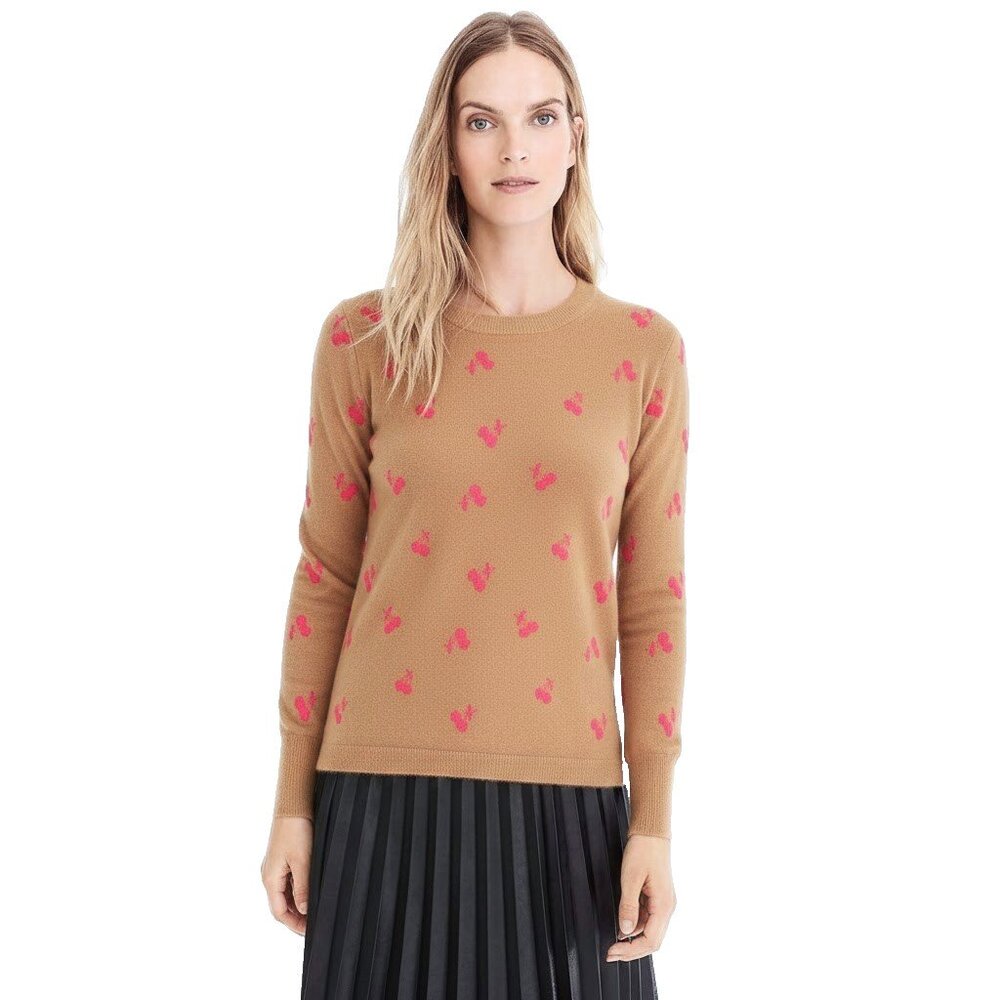 NWT J.Crew Long-sleeve Everyday Cashmere Crewneck in Camel Cherries Sweater L